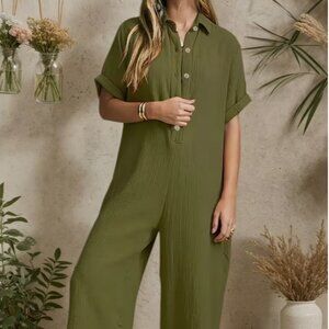 Olive green oversized button-down jumpsuit